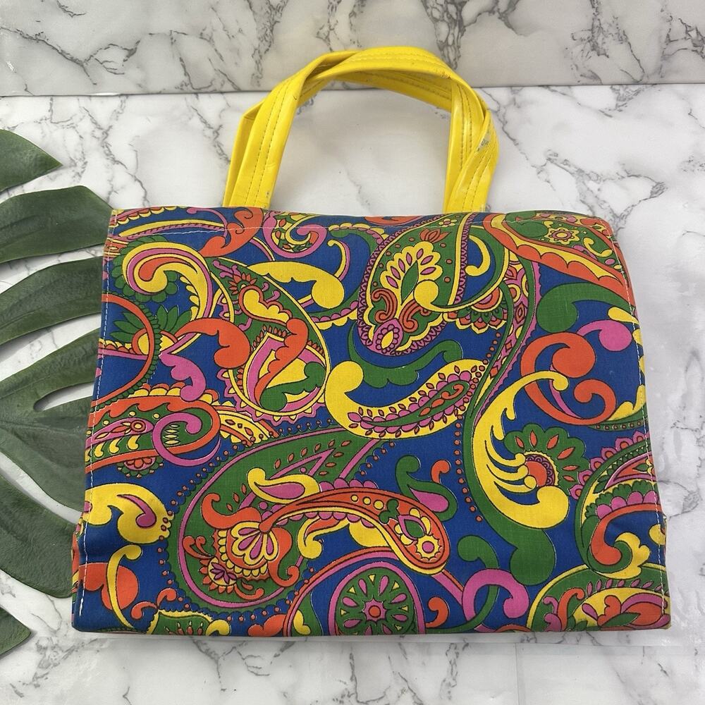 Vintage 70s Tote Bag Purse Green Yellow Paisly Floral Canvas Funky Top Handle